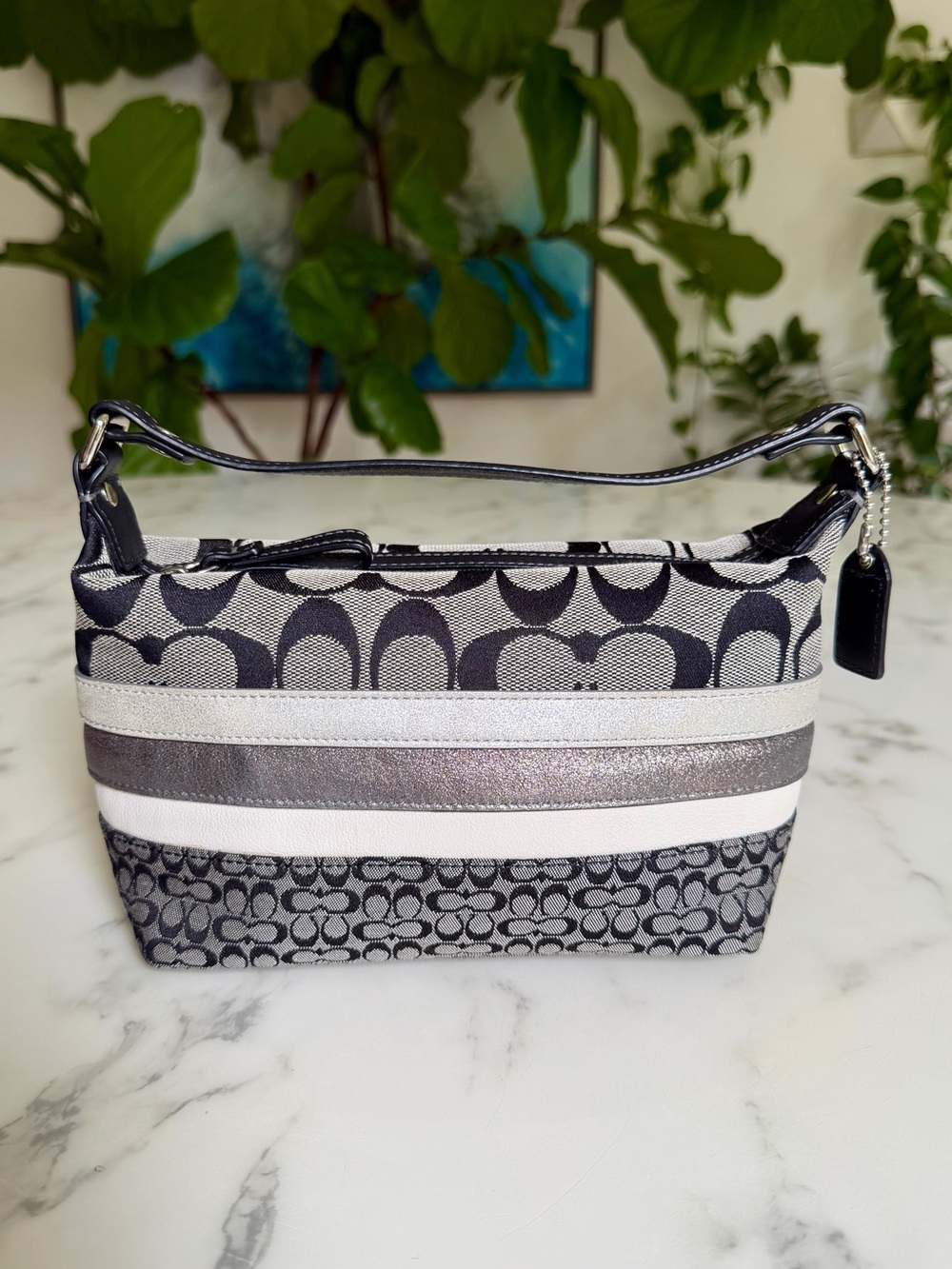 Coach Vintage Y2K Signature Patchwork Stripe Top Handle Demi Pouch Black Silver